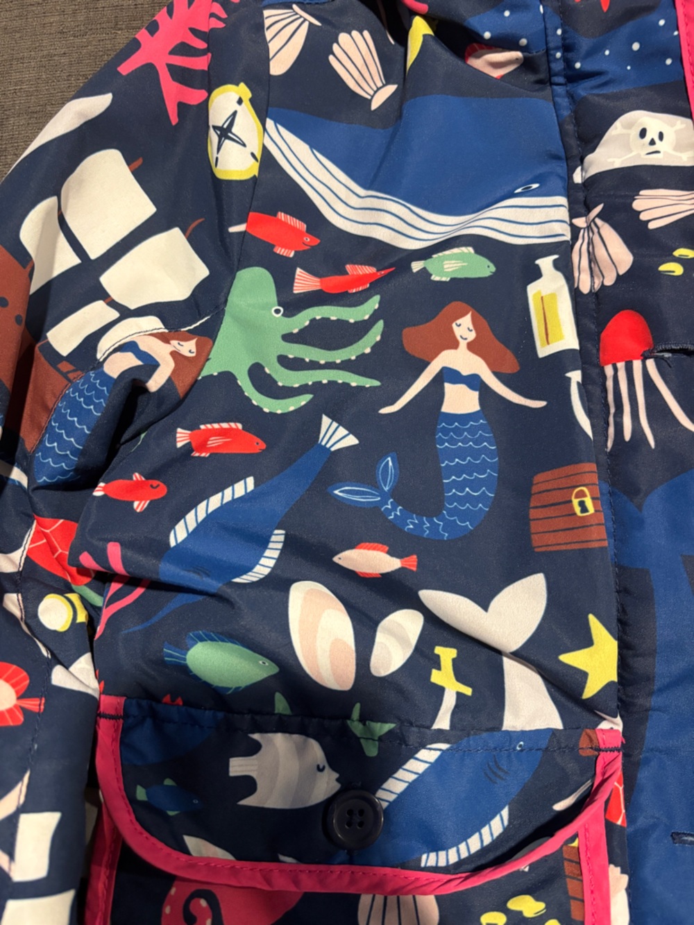 Mini Boden Navy Blue Sea Creature Print Hooded Lined Rain Jacket - Picture 2 of 4